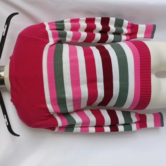 LOFT Striped Knit Crewneck Sweater Pink Green Burgundy Women’s S, 18" PTP, 23"L - Picture 2 of 6